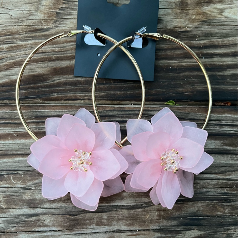Large Hoop Earrings with Pink flowers